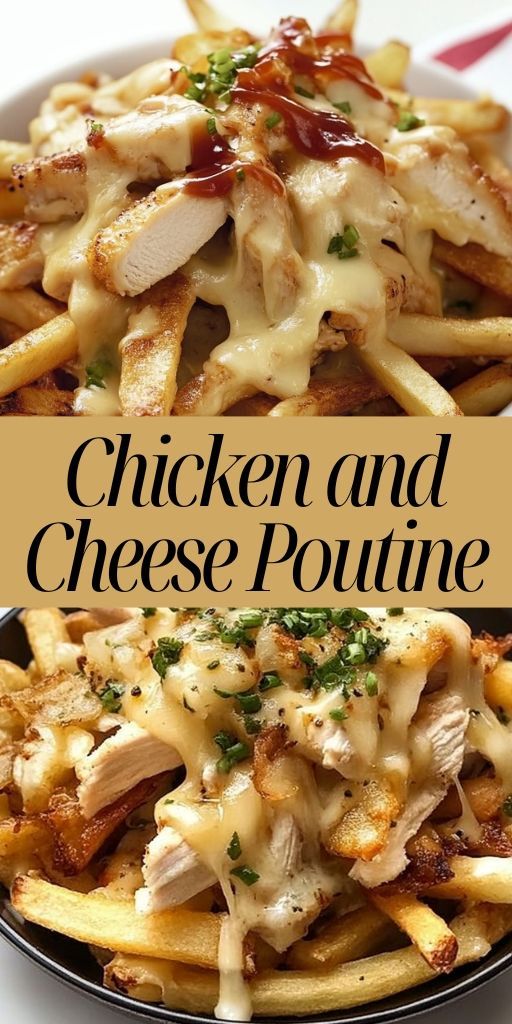 appetizing cheese Putin with golden pieces of chicken, covered with molten cheese and thick sauce, served on a plate with crispy potatoes and herbs - a cozy, hearty dish.
