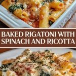Baked rigatoni with a golden brown cheese crust in a baking dish, with visible green spinach and creamy ricotta filling, garnished with fresh basil.