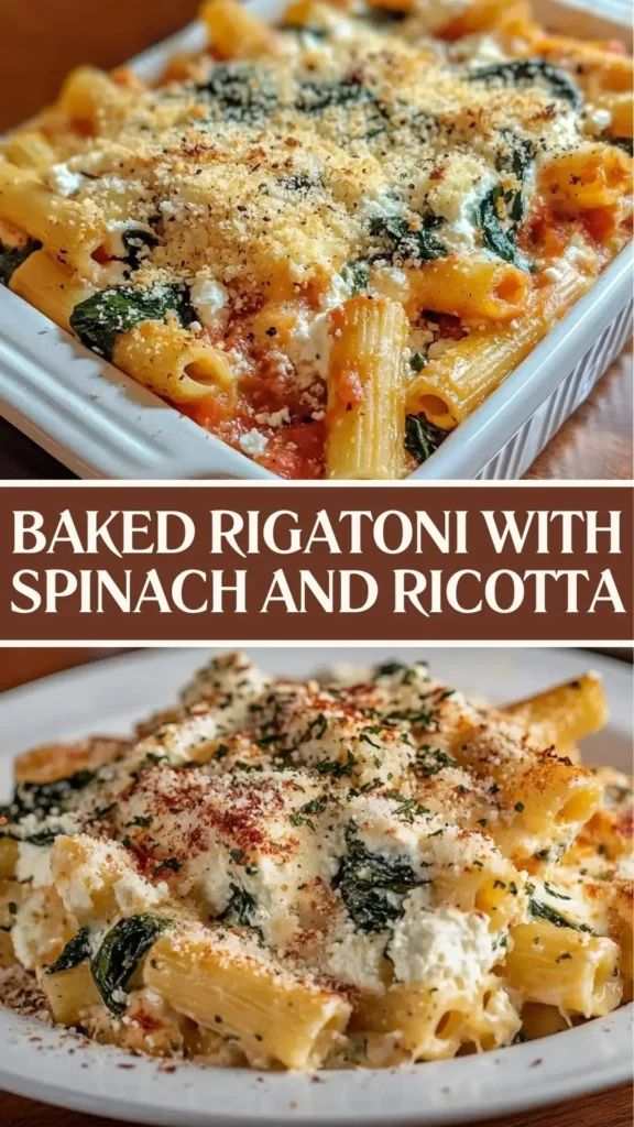 Baked rigatoni with a golden brown cheese crust in a baking dish, with visible green spinach and creamy ricotta filling, garnished with fresh basil.