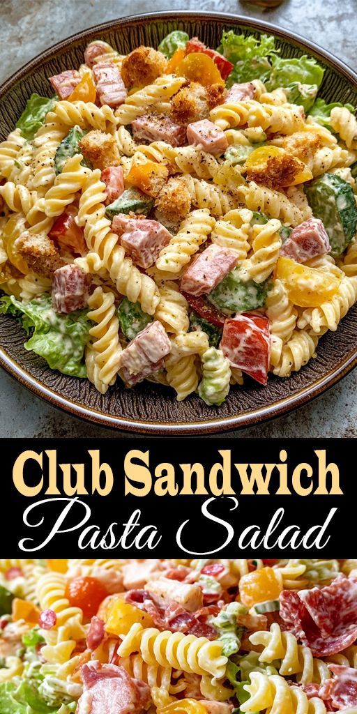 An appetizing salad with pasta, sliced chicken, bacon, fresh vegetables and herbs, dressed with a creamy sauce - served in a deep white plate.