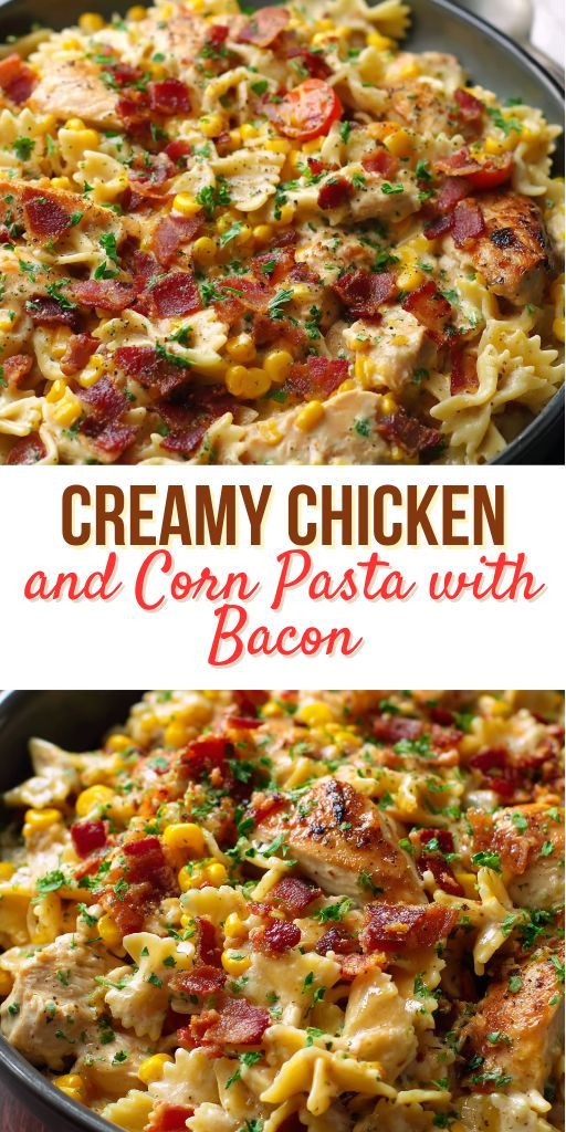 A plate of creamy paste with chicken, crispy bacon and golden corn, decorated with greens and cheese, close -up against the background of a wooden table.