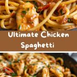 A plate of spaghetti with chicken: golden pieces of chicken fillet against the background of long pasta, covered with a light creamy or tomato sauce, decorated with fresh green herbs.