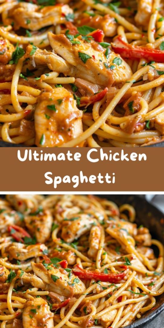A plate of spaghetti with chicken: golden pieces of chicken fillet against the background of long pasta, covered with a light creamy or tomato sauce, decorated with fresh green herbs.