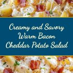 A warm potato salad with molten Chedder and crispy pieces of bacon, served in deep plate, decorated with fresh herbs, looks saturated, creamy and appetizing.