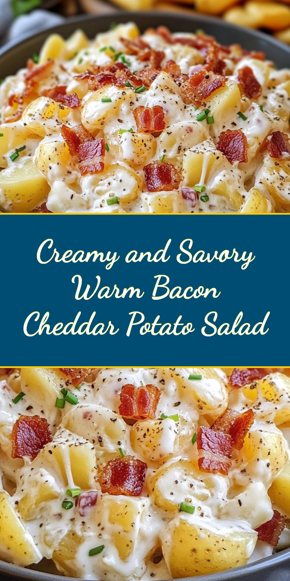 A warm potato salad with molten Chedder and crispy pieces of bacon, served in deep plate, decorated with fresh herbs, looks saturated, creamy and appetizing.