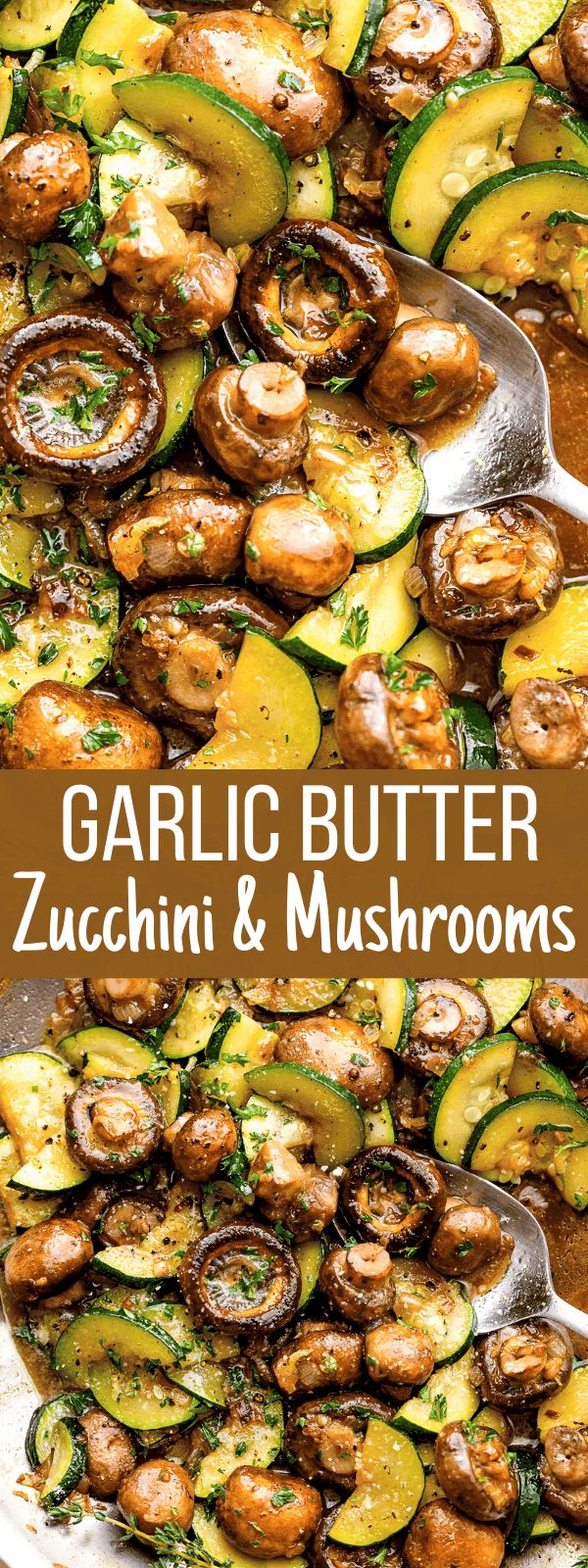 Fried in a frying pan pieces of zucchini and mushrooms, golden crust, decorated with herbs, served in a deep cast-iron frying pan on a wooden stand.