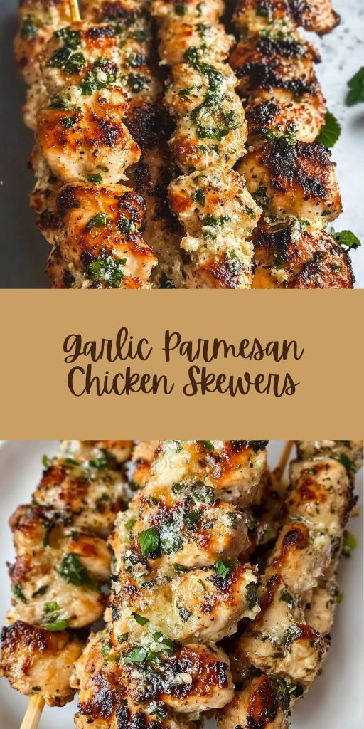 Appetizing chicken skewers, covered with a golden crust with garlic and melted parmesan, served on a wooden board with herbs and lemon wedges.