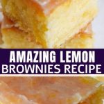 Lemon brownies, cut into squares, are laid out on a light plate. Their surface is covered with a thin lemon glaze, in the reflection of which the sun's glaze is visible. In the background are lemon slices and fresh flowers.