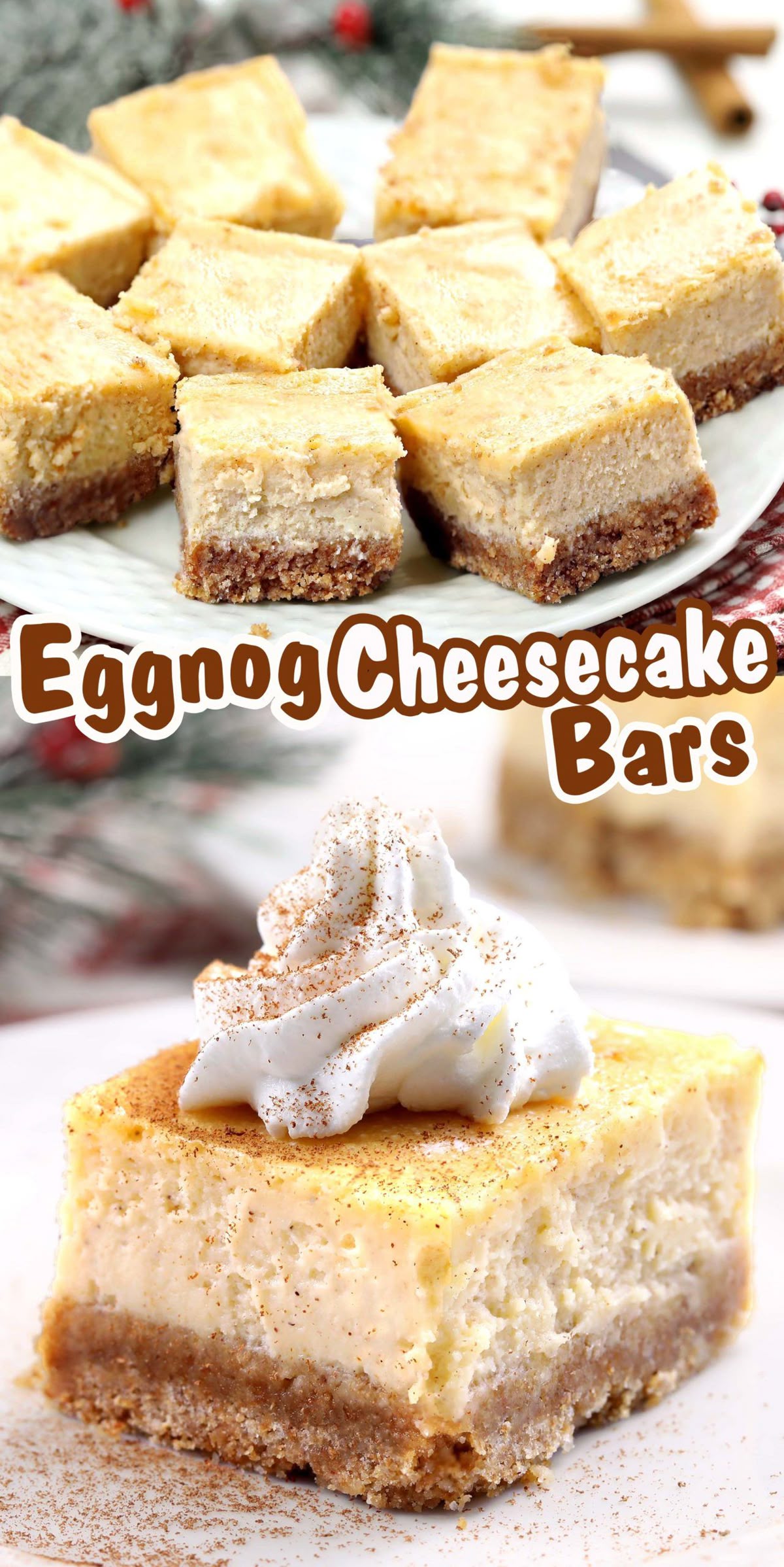 Sliced rectangular cheesecake bars with a buttermilk-colored filling on a shortbread base, lightly dusted with nutmeg, sit on parchment paper. Christmas lights and a mug of eggnog stand in the background.