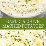 creamy garlic mashed potatoes with fresh chives, garnished with herbs in a deep bowl.