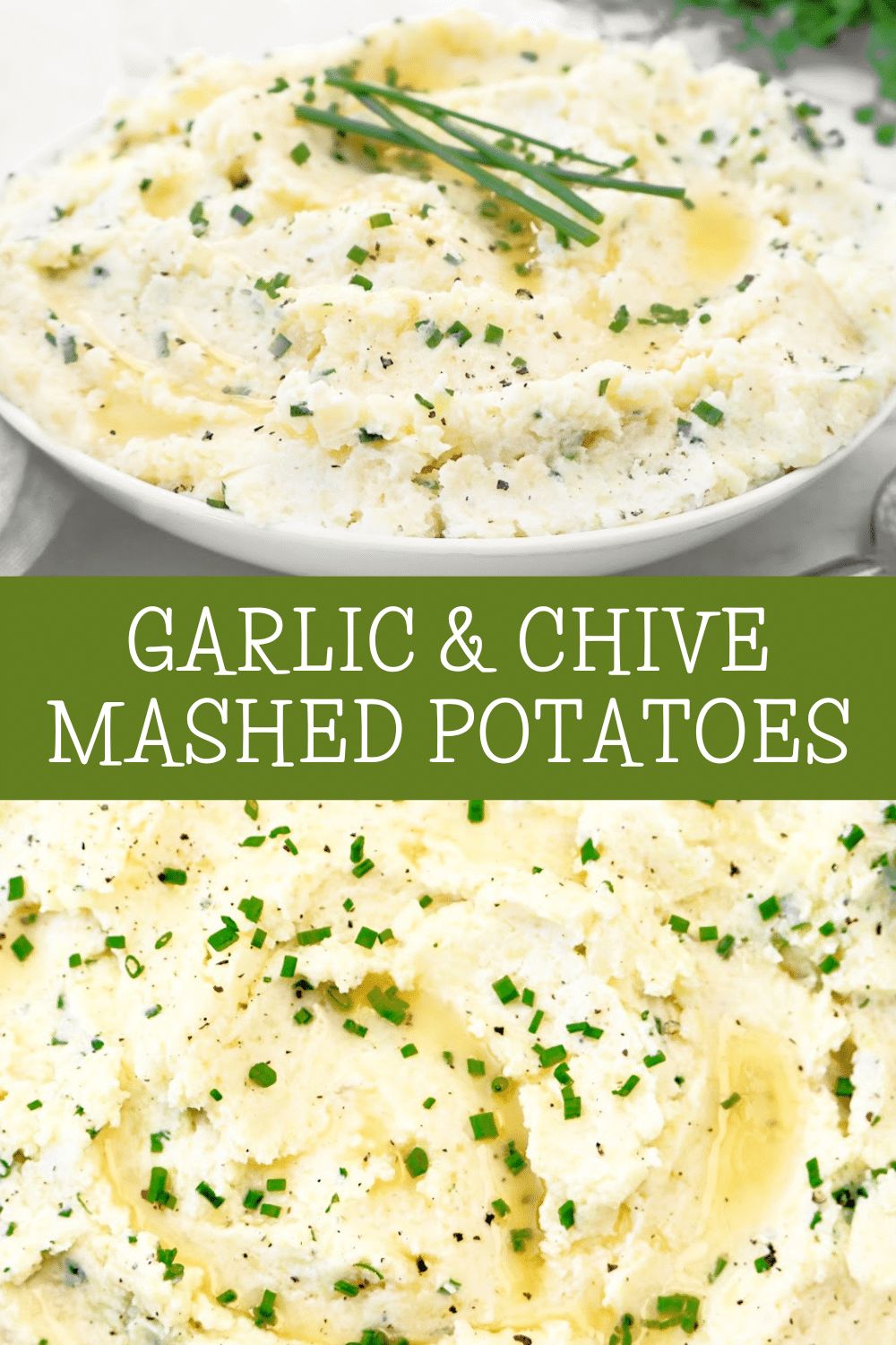 creamy garlic mashed potatoes with fresh chives, garnished with herbs in a deep bowl.