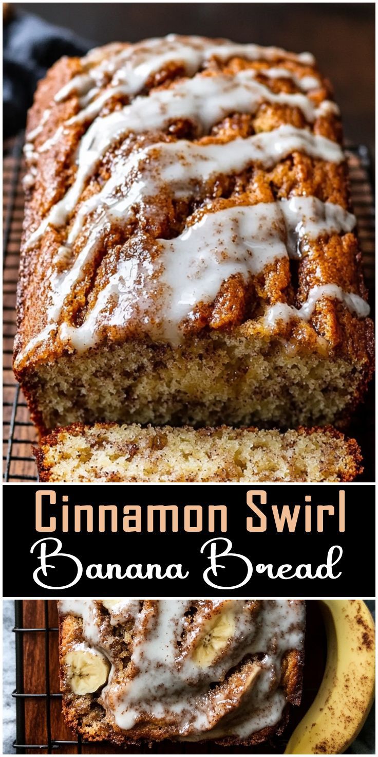 Sliced banana bread with cinnamon on a wooden board, with a golden crust and a soft moist crumb, next to cinnamon sticks and a slice of banana.