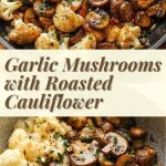 fried mushrooms with garlic and golden cauliflower are served on a plate, decorated with herbs.