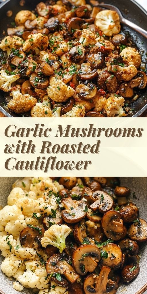fried mushrooms with garlic and golden cauliflower are served on a plate, decorated with herbs.