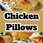 tender chicken pillows covered with a creamy sauce with parmesan, served on a plate with herbs.