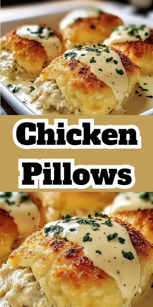 tender chicken pillows covered with a creamy sauce with parmesan, served on a plate with herbs.
