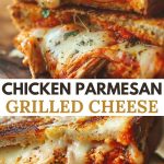 golden grilled chicken, parmesan, and melted cheese sandwich served on a wooden board.