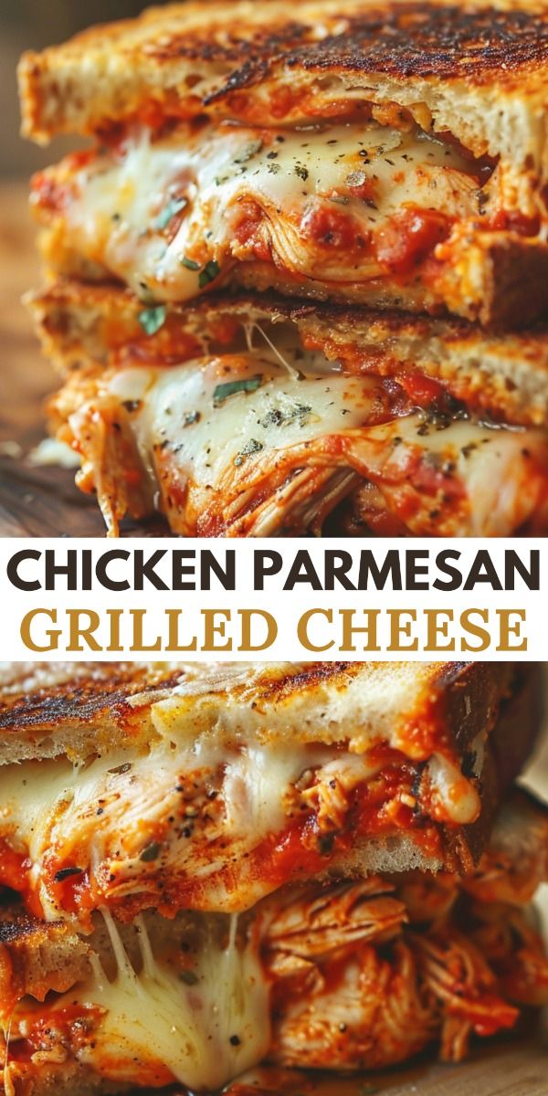 golden grilled chicken, parmesan, and melted cheese sandwich served on a wooden board.