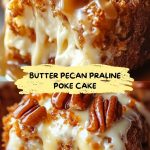 Praline and butter pecan cake on a white plate, decorated with chopped nuts, with a shiny caramel glaze on top. In the background - a cup of coffee and a wooden table.