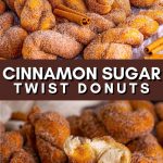 donuts sprinkled with sugar and cinnamon lie on a plate next to a cup of coffee.