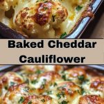 baked cauliflower with a golden cheddar cheese crust, served on a plate.