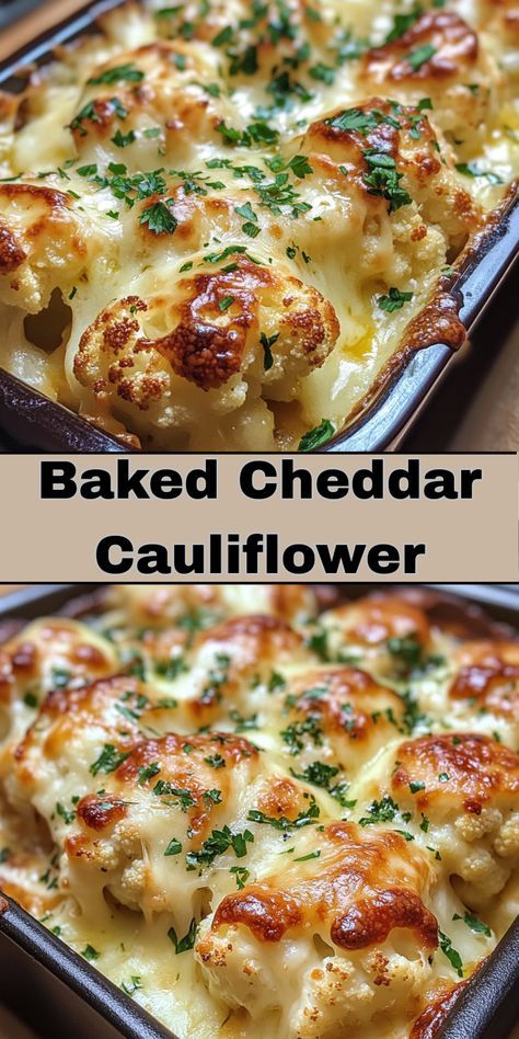 baked cauliflower with a golden cheddar cheese crust, served on a plate.