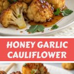 golden baked cauliflower with honey glaze and garlic on a baking sheet, decorated with fresh herbs.