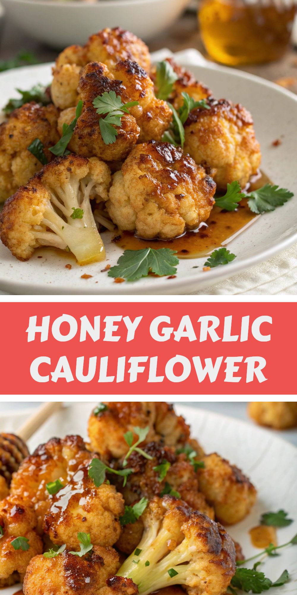 golden baked cauliflower with honey glaze and garlic on a baking sheet, decorated with fresh herbs.
