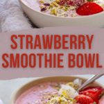 Bright strawberry smoothie bowl with banana slices, fresh strawberries and a sprinkle of seeds, served in a deep white bowl.