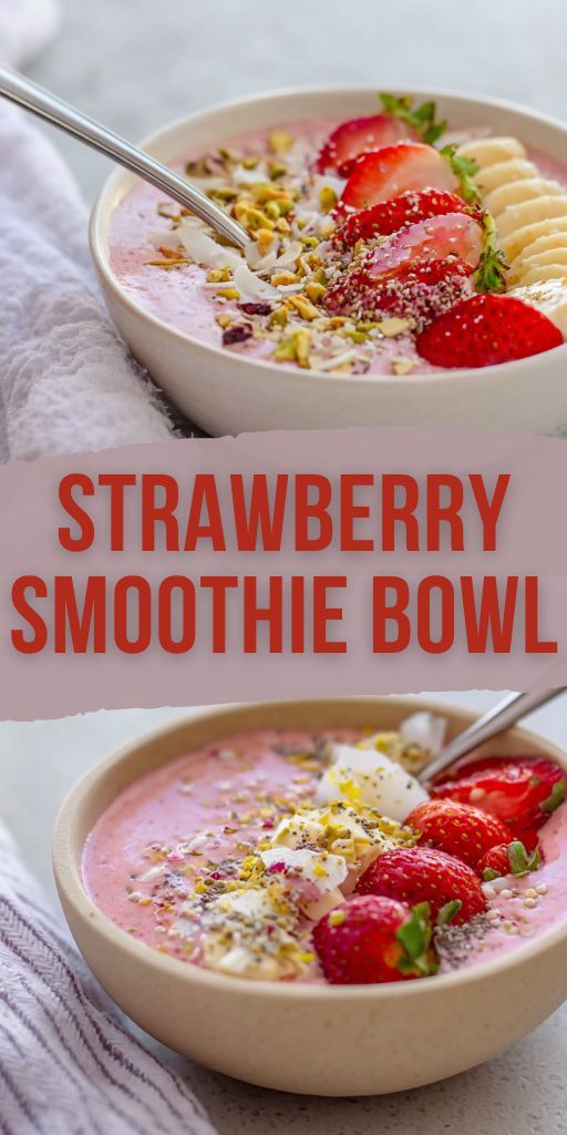 Bright strawberry smoothie bowl with banana slices, fresh strawberries and a sprinkle of seeds, served in a deep white bowl.