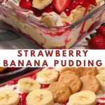 delicate strawberry banana pudding in a glass bowl, decorated with fresh strawberries and banana pieces.