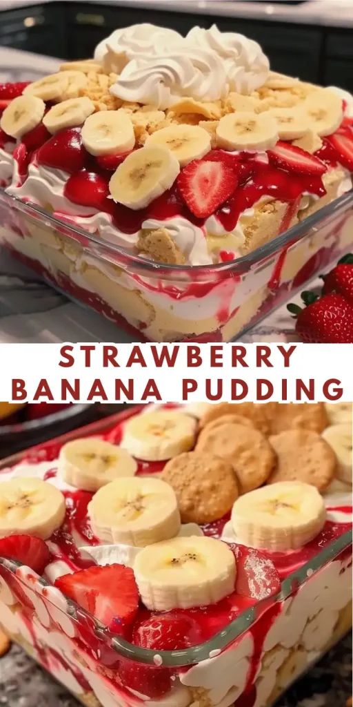 delicate strawberry banana pudding in a glass bowl, decorated with fresh strawberries and banana pieces.