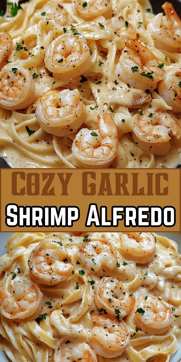 Shrimp in a creamy Alfredo sauce, served with pasta and sprinkled with fresh herbs.