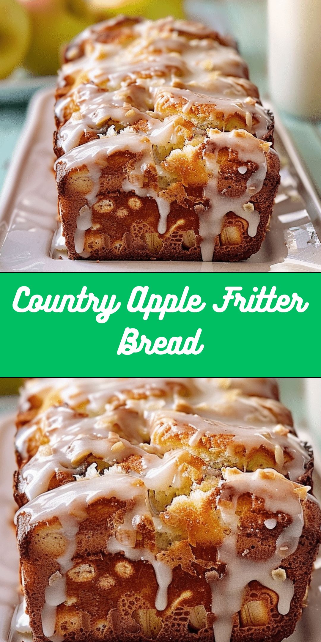 Apple pancake bread, sliced, with a golden crust and moist center, topped with thin apple slices and a sprinkle of cinnamon.