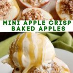Baked apple halves with oatmeal filling, golden and slightly crispy, served on a plate with a drop of honey and a pinch of cinnamon.