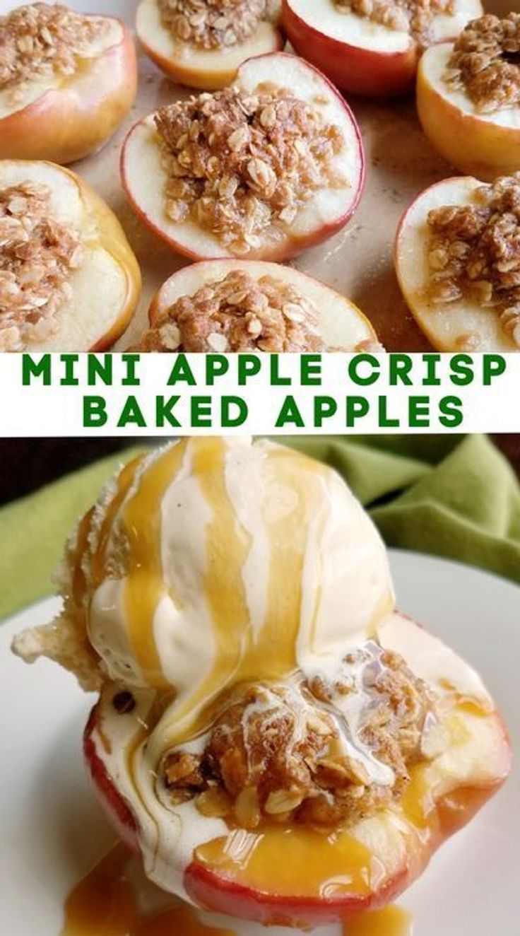 Baked apple halves with oatmeal filling, golden and slightly crispy, served on a plate with a drop of honey and a pinch of cinnamon.