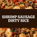 a plate of rice with shrimp and pieces of sausage, decorated with herbs.