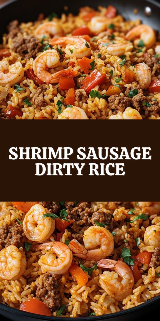a plate of rice with shrimp and pieces of sausage, decorated with herbs.