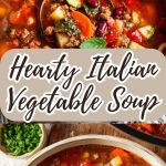 a bowl of thick Italian vegetable soup with pieces of vegetables and herbs, served on a wooden table.