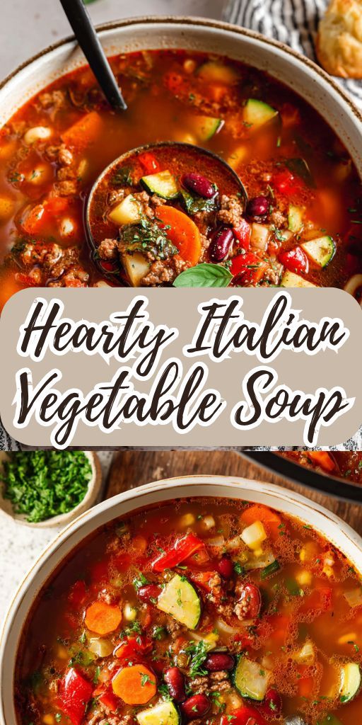 a bowl of thick Italian vegetable soup with pieces of vegetables and herbs, served on a wooden table.