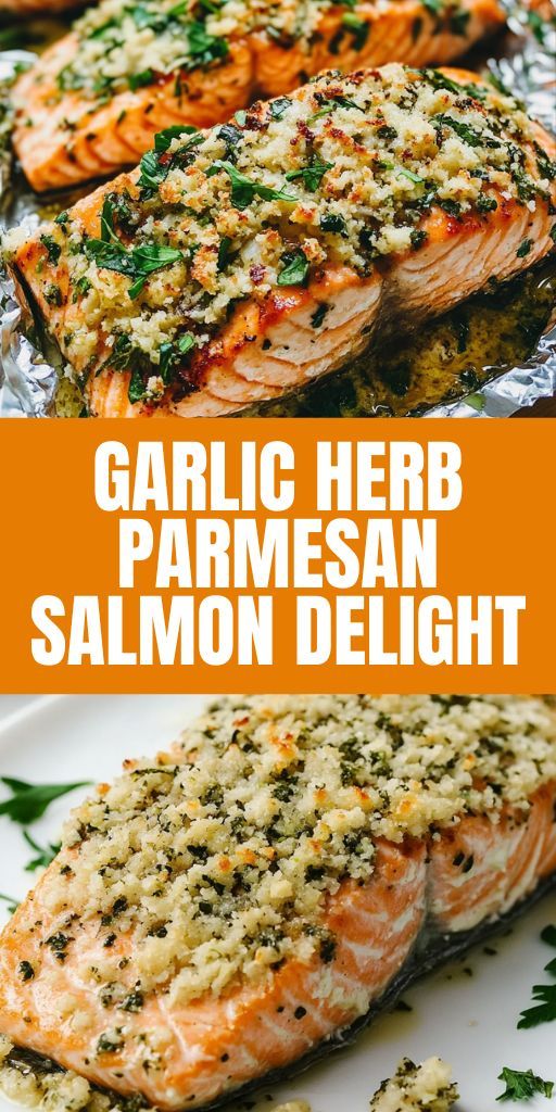 salmon fillet covered with creamy parmesan sauce with herbs and garlic, served on a plate with a vegetable garnish.