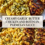 A plate of rotini pasta in a creamy parmesan sauce and tender chicken pieces in garlic butter, garnished with herbs.