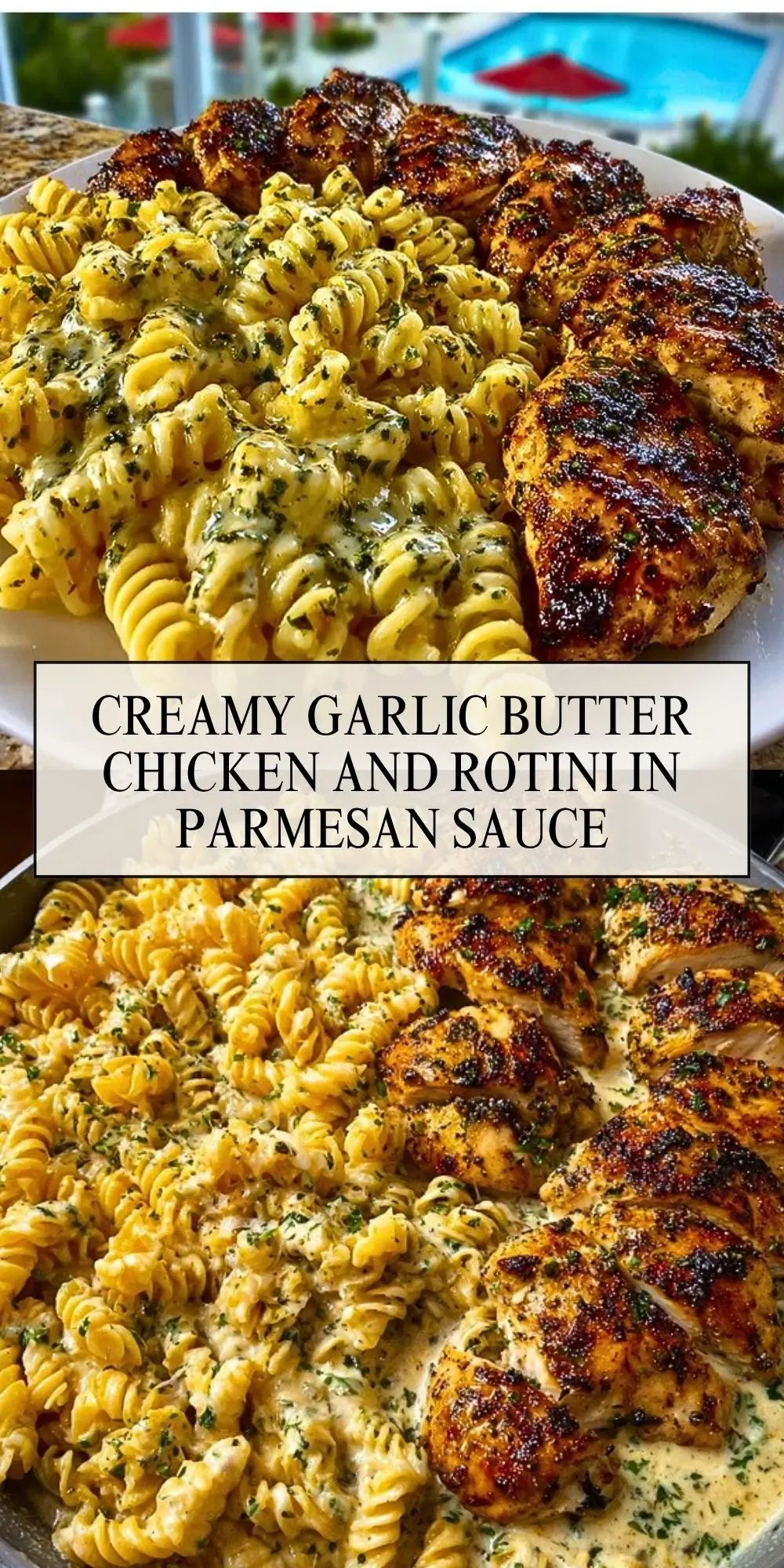 A plate of rotini pasta in a creamy parmesan sauce and tender chicken pieces in garlic butter, garnished with herbs.