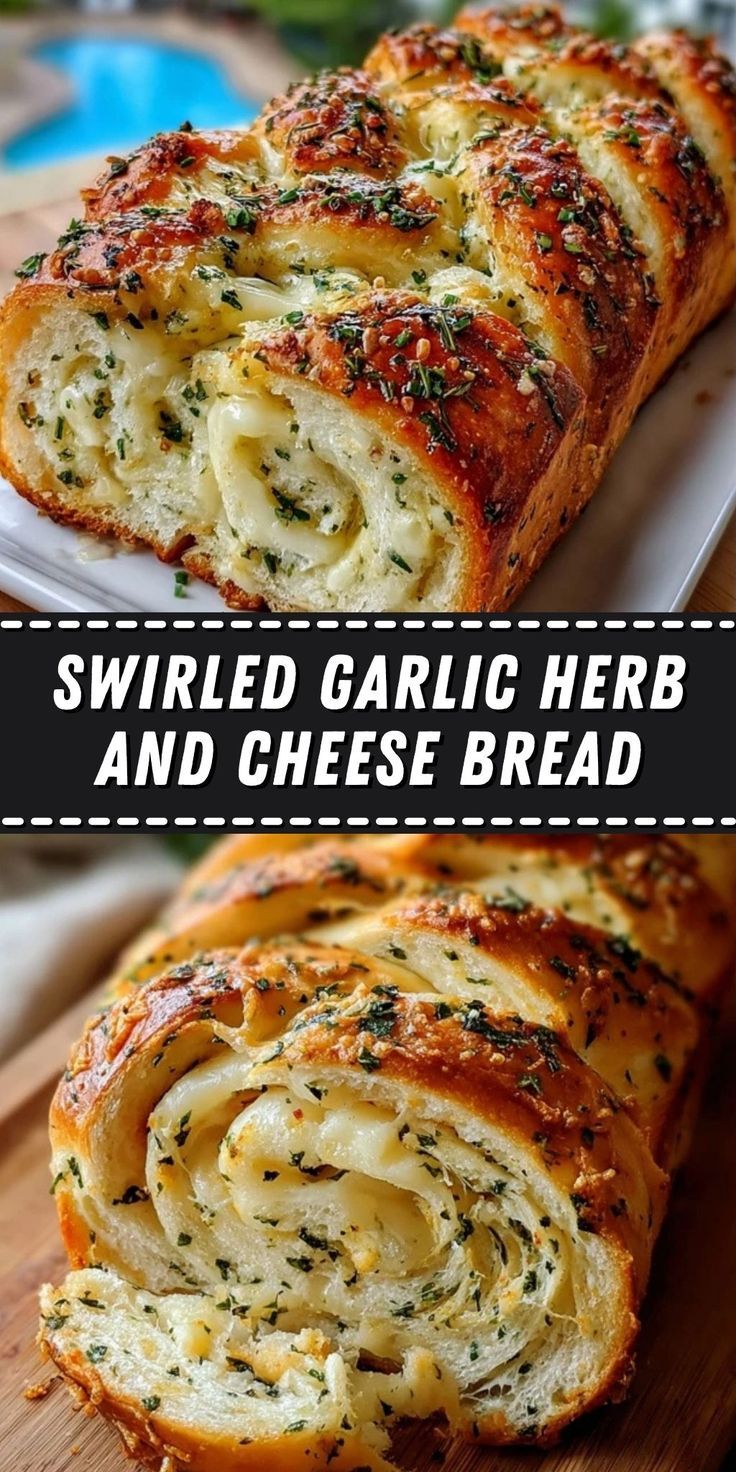 chopped cheese bread with garlic herbs, a golden crust and a soft stretch filling, served on a wooden board.