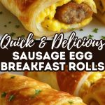 delicious rolls with sausage and egg filling, served on a plate, decorated with greens for breakfast.