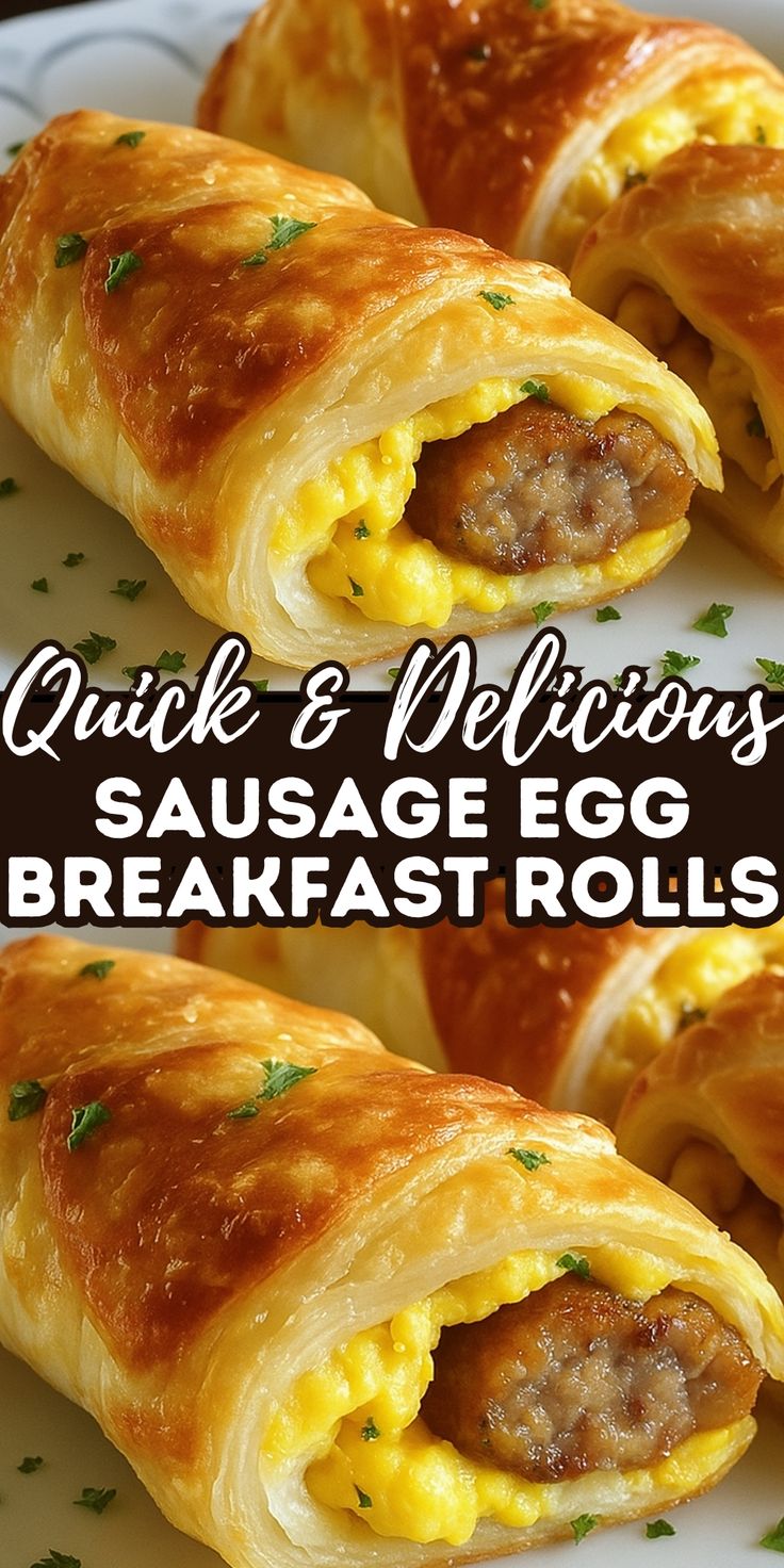 delicious rolls with sausage and egg filling, served on a plate, decorated with greens for breakfast.