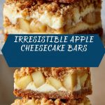 apple cheesecake with a golden crust and caramel glaze, decorated with apple slices.