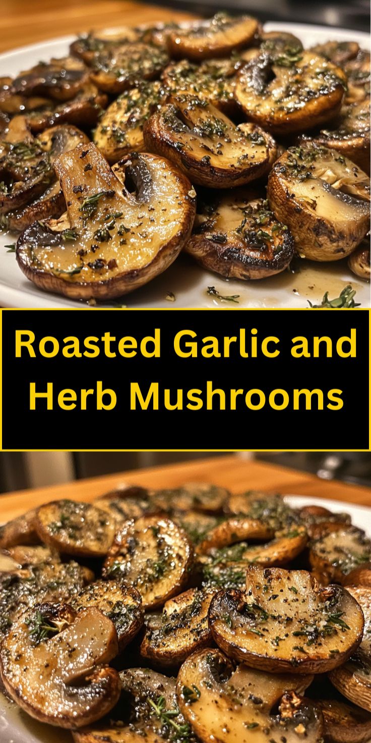 a frying pan with golden fried mushrooms seasoned with garlic and fresh herbs.