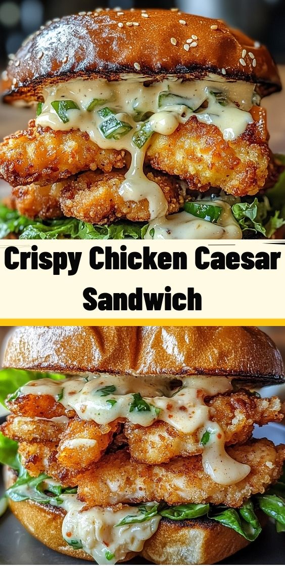 Crispy Caesar sandwich with chicken, fresh herbs and sauce, served on a wooden board, cut in half for a delicious presentation.