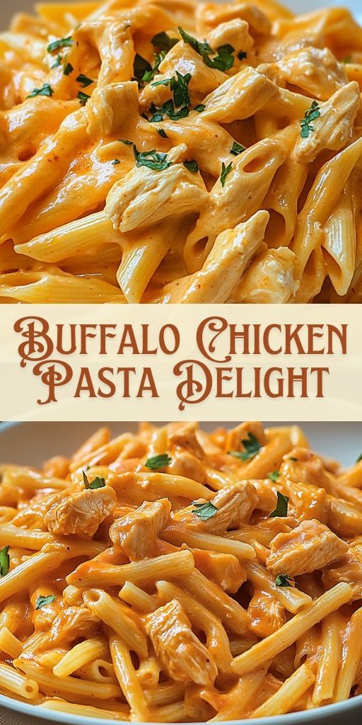 A bowl of creamy pasta with Buffalo chicken, garnished with herbs, with a delicious sauce enveloping every bite.